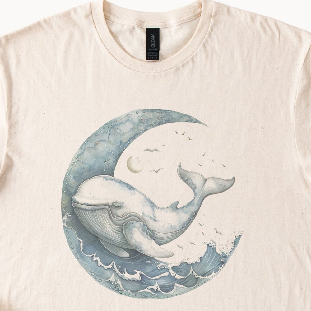 Moon Whale Shirt Celestial Ocean Tee Graphic Nautical Top - Picture 2 of 6